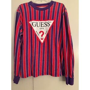Vintage GUESS USA Striped Long Sleeve Shirt Men's Red Purple Classic Logo Tee